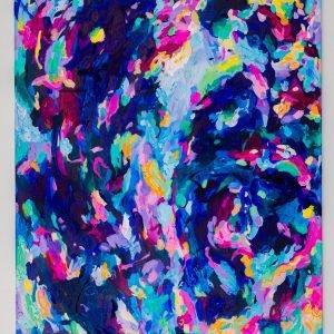 This is a painting titled Dancing Goats. It is an abstract painting with blues and pinks with teal accent marks.