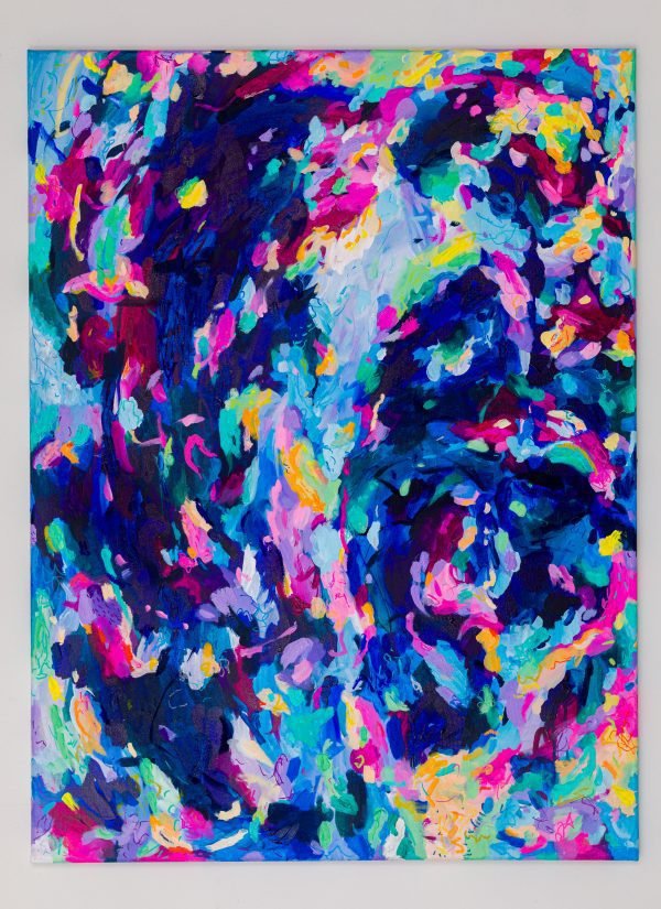 This is a painting titled Dancing Goats. It is an abstract painting with blues and pinks with teal accent marks.